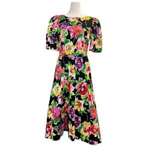 Vintage Bouffant Bow Artsy Tropical Floral Maxi Dress Petticoat Open Back Medium